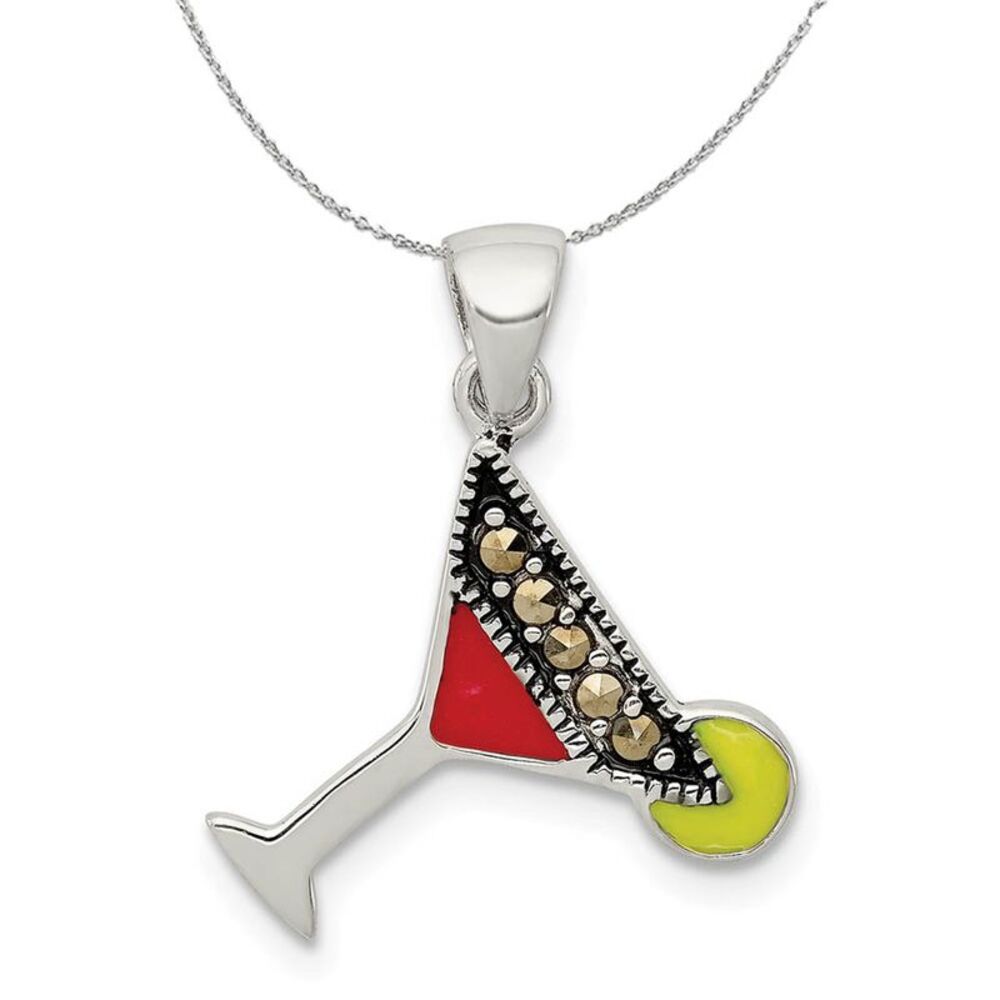 Sterling Silver, Enamel and Marcasite Martini Glass Necklace - 24 Inch